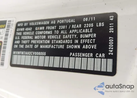 2012 Volkswagen Eos Lux z USA, uszkodzony, nr VIN WVWFW7AH2CV006055